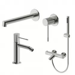 Set lavabo a muro e bidet con esterno vasca termostatico in ottone  spazzolato - Crystal
