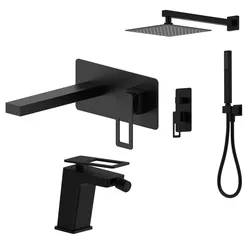 Set lavabo a muro con piastra e bidet con incasso doccia nero opaco - Thano