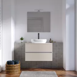 Mobile bagno sospeso 80 cm a due cassetti cashmere con top e specchio - Cuki