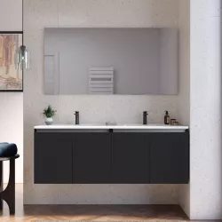 Mobile bagno sospeso 120 cm nero opaco con lavabo doppia vasca e specchio - Cuki