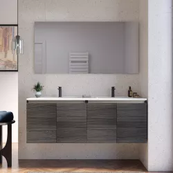 Mobile bagno sospeso 120 cm rovere grigio con lavabo doppia vasca e specchio - Cuki