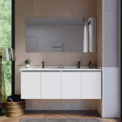 Mobile bagno sospeso 140 cm bianco opaco con lavabo doppia vasca e specchio - Cuki