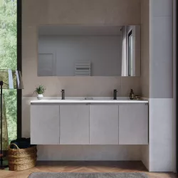 Mobile bagno sospeso 140 cm grigio pietra opaco con lavabo doppia vasca e specchio - Cuki