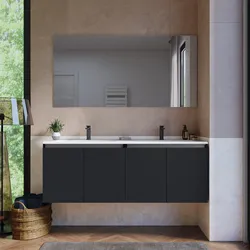 Mobile bagno sospeso 140 cm nero opaco con lavabo doppia vasca e specchio - Cuki