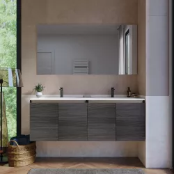 Mobile bagno sospeso 140 cm rovere grigio con lavabo doppia vasca e specchio - Cuki