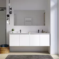 Mobile bagno sospeso 160 cm bianco opaco con ante e lavabo doppia vasca con specchio - Cuki