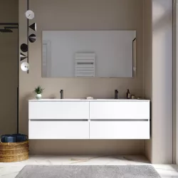 Mobile bagno sospeso 160 cm bianco opaco con cassetti e lavabo doppia vasca con specchio - Cuki