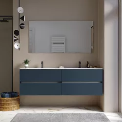 Mobile bagno sospeso 160 cm blu esotico con cassetti e lavabo doppia vasca con specchio - Cuki