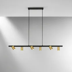 Lampadario sospeso 110x15x150 h cm in metallo nero opaco con sfere orientabili oro satinato