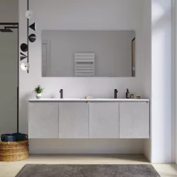 Mobile bagno sospeso 160 cm grigio pietra opaco con ante e lavabo doppia vasca con specchio - Cuki