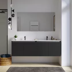 Mobile bagno sospeso 160 cm nero opaco con ante e lavabo doppia vasca con specchio - Cuki