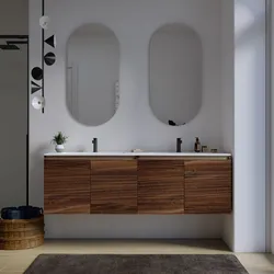 Mobile bagno sospeso 160 cm rovere deciso opaco con ante e lavabo doppia vasca con specchio - Cuki