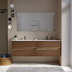 Mobile bagno sospeso 160 cm rovere deciso opaco con cassetti e lavabo doppia vasca con specchio - Cuki