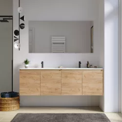 Mobile bagno sospeso 160 cm rovere gold con ante e lavabo doppia vasca con specchio - Cuki