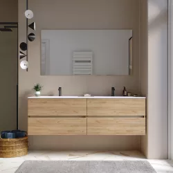 Mobile bagno sospeso 160 cm rovere gold con cassetti e lavabo doppia vasca con specchio - Cuki