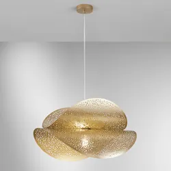 Lampada sospesa doppia vela 60x33 cm dal design curvo in metallo forato oro