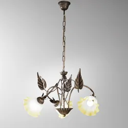 Lampadario sospeso rotondo 60 cm in metallo con decorazione foglie e diffusore in vetro