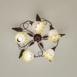 Plafoniera rotonda 68 cm in metallo con decorazione foglie e 5 diffusori in vetro