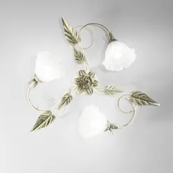 Plafoniera rotonda 68 cm in metallo crema con decorazione foglie e 3 diffusori in vetro