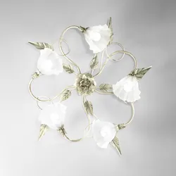 Plafoniera rotonda 68 cm in metallo crema con decorazione foglie e 5 diffusori in vetro
