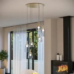 Lampada sospesa 60x150 h cm in metallo oro con diffusori in vetro soffiato