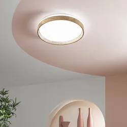 Plafoniera LED rotonda 48 cm in metallo effetto legno e acrilico bianco