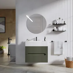 Mobile bagno sospeso 70 cm cannettato verde cemento con top lavabo bianco e specchio - Tayga