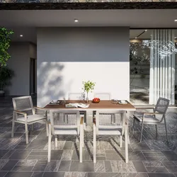 Set 6 sedie da giardino in metallo tortora con braccioli effetto legno e dettagli in corda - Ibisco