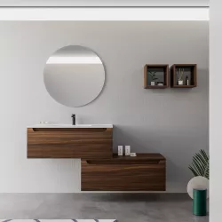 Mobile bagno sospeso 100 cm rovere deciso con cassettone e lavabo integrato con specchio - Sleek