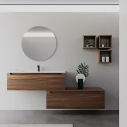 Mobile bagno sospeso 120 cm rovere deciso con cassettone e lavabo integrato con specchio - Sleek