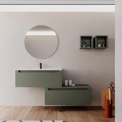 Mobile bagno sospeso 90 cm verde cemento con cassettone e lavabo integrato con specchio - Sleek