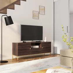Mobile porta tv 130x55h cm in legno di mango cannettato e metallo con 2 ante e 1 cassetto - Lysandra