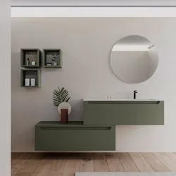 Mobile bagno sospeso 120 cm verde cemento dx con cassettone e lavabo integrato con specchio - Sleek