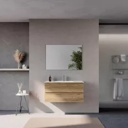 Mobile bagno sospeso 120 cm due cassetti rovere trento con lavabo e specchio- Tambo