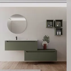 Mobile bagno sospeso 120 cm verde cemento sx con cassettone e lavabo integrato con specchio - Sleek