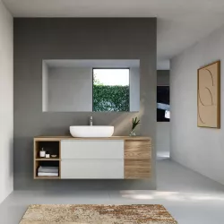 Mobile bagno portalavabo sospeso 140 cm due cassetti bianco ostuni con vano e modulo rovere trento - Tambo