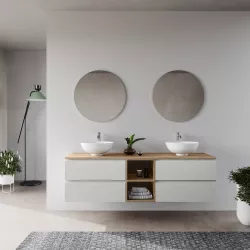 Mobile bagno portalavabo sospeso 175 cm quattro cassetti bianco ostuni con vano rovere trento e specchio - Tambo