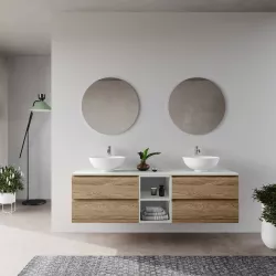 Mobile bagno portalavabo sospeso 175 cm quattro cassetti rovere trento con vano bianco ostuni e specchio - Tambo