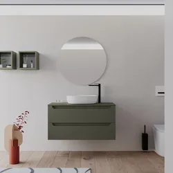 Mobile bagno sospeso 100 cm verde cemento con top e specchio - Sleek Plus