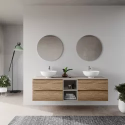 Mobile bagno portalavabo sospeso 175 cm quattro cassetti rovere trento con vano grigio arizona e specchio - Tambo