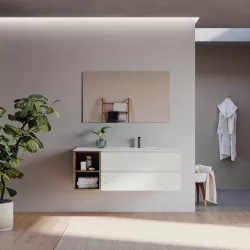 Mobile bagno sospeso 155 cm due cassetti bianco ostuni con vano rovere trento e lavabo dx con specchio - Tambo