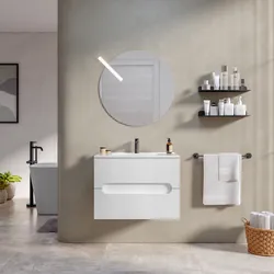 Mobile bagno sospeso 60 cm cannettato con cassetti bianco opaco e specchio - Tayga