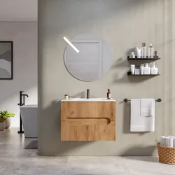 Mobile bagno sospeso 60 cm cannettato con cassetti rovere gold e specchio - Tayga