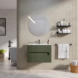 Mobile bagno sospeso 60 cm cannettato con cassetti verde cemento e specchio - Tayga