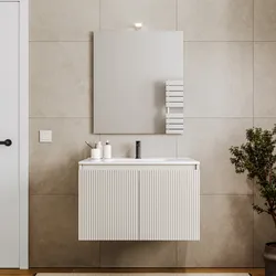 Mobile bagno sospeso con ante 80 cm bianco opaco cannettato con lavabo e specchio - Nerk