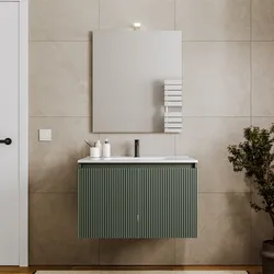 Mobile bagno sospeso con ante 80 cm verde cemento cannettato con lavabo e specchio - Nerk