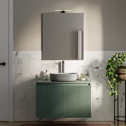 Mobile bagno sospeso con ante 80 cm verde cemento cannettato con top e specchio - Nerk