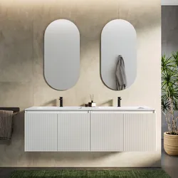 Mobile bagno sospeso con ante 160 cm bianco opaco cannettato con lavabo e specchio - Nerk