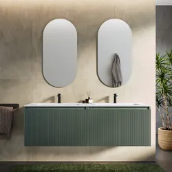 Mobile bagno sospeso con ante 160 cm verde cemento cannettato con lavabo e specchio - Nerk