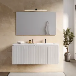 Mobile bagno sospeso 120 cm bianco opaco cannettato con lavabo dx e specchio - Nerk